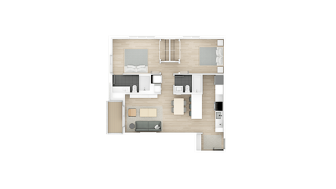 Floor plan for 2 beds, 2 baths, 873 sqft